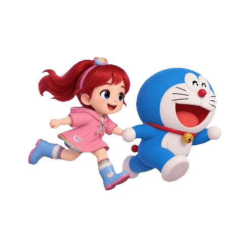 Doraemon dan Rainbow Ruby berlari bersama